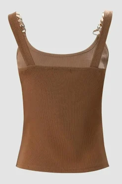 Fashion Dear-Lover Gold Chain Straps Rib Knit Tank Top Brown