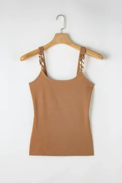 Fashion Dear-Lover Gold Chain Straps Rib Knit Tank Top Brown