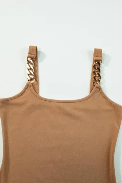 Fashion Dear-Lover Gold Chain Straps Rib Knit Tank Top Brown