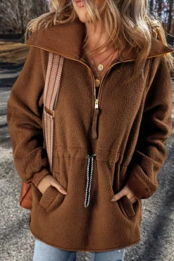 Outlet Dear-Lover Half Zip Fleece Pullover Sweatshirt Brown