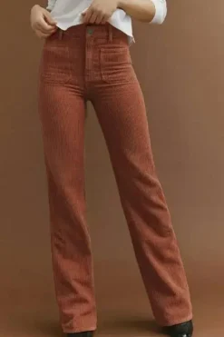 Best Dear-Lover High Waist Square Pockets Corduroy Pants Brown