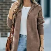 Fashion Dear-Lover Horizontal Rib Knitted Open Front Hooded Cardigan Brown