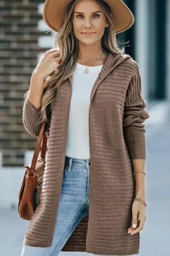 Fashion Dear-Lover Horizontal Rib Knitted Open Front Hooded Cardigan Brown