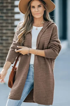Fashion Dear-Lover Horizontal Rib Knitted Open Front Hooded Cardigan Brown