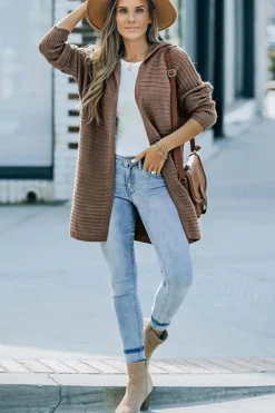 Fashion Dear-Lover Horizontal Rib Knitted Open Front Hooded Cardigan Brown