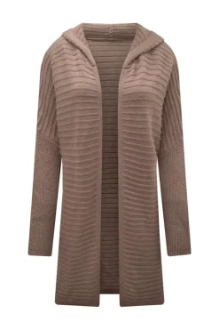Fashion Dear-Lover Horizontal Rib Knitted Open Front Hooded Cardigan Brown