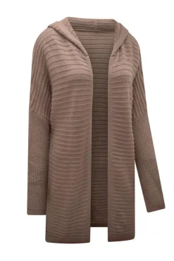Fashion Dear-Lover Horizontal Rib Knitted Open Front Hooded Cardigan Brown