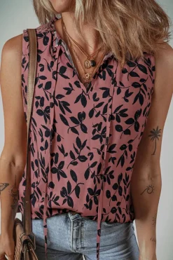 Best Dear-Lover Leaf Print Lace-up V Neck Crinckled Tank Top Brown