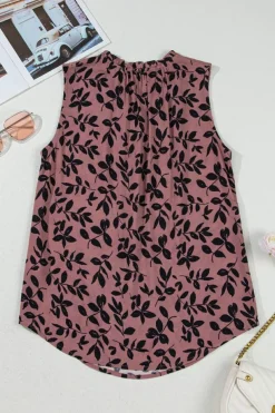Best Dear-Lover Leaf Print Lace-up V Neck Crinckled Tank Top Brown