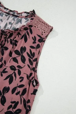 Best Dear-Lover Leaf Print Lace-up V Neck Crinckled Tank Top Brown