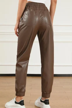 Hot Dear-Lover Leather Tie Waist Jogger Pants Brown