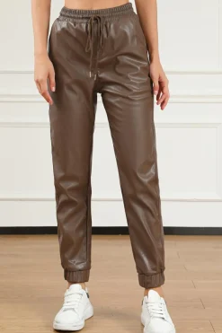 Hot Dear-Lover Leather Tie Waist Jogger Pants Brown