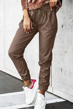Hot Dear-Lover Leather Tie Waist Jogger Pants Brown