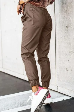 Hot Dear-Lover Leather Tie Waist Jogger Pants Brown