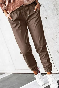 Hot Dear-Lover Leather Tie Waist Jogger Pants Brown
