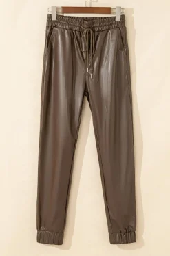 Hot Dear-Lover Leather Tie Waist Jogger Pants Brown