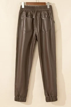 Hot Dear-Lover Leather Tie Waist Jogger Pants Brown
