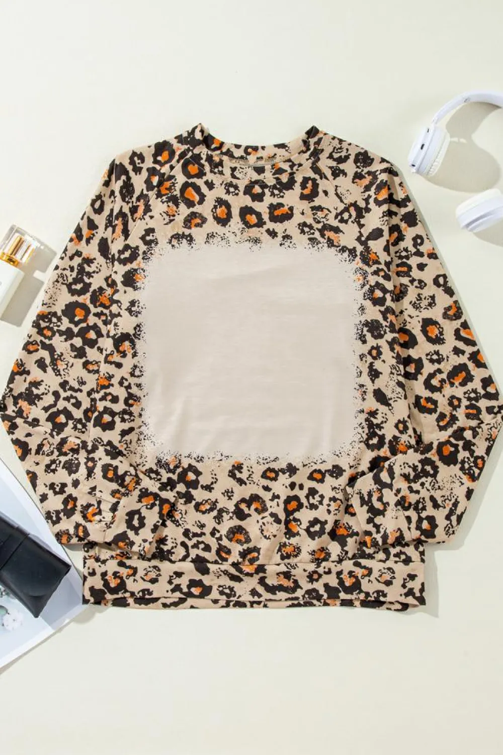 Sale Dear-Lover Leopard Bleached Raglan Sleeve Pullover Sweatshirt Brown