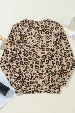 Sale Dear-Lover Leopard Bleached Raglan Sleeve Pullover Sweatshirt Brown