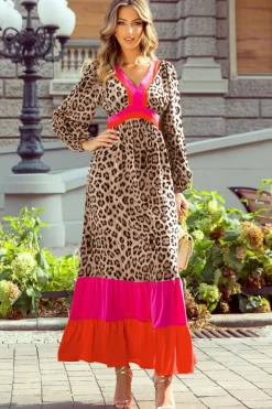 New Dear-Lover Leopard Color Block V Neck Loose Fit Maxi Dress Brown