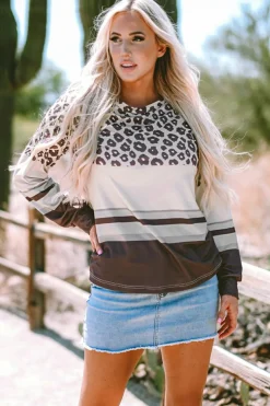 New Dear-Lover Leopard Color Block Crewneck Long Sleeve Top Brown