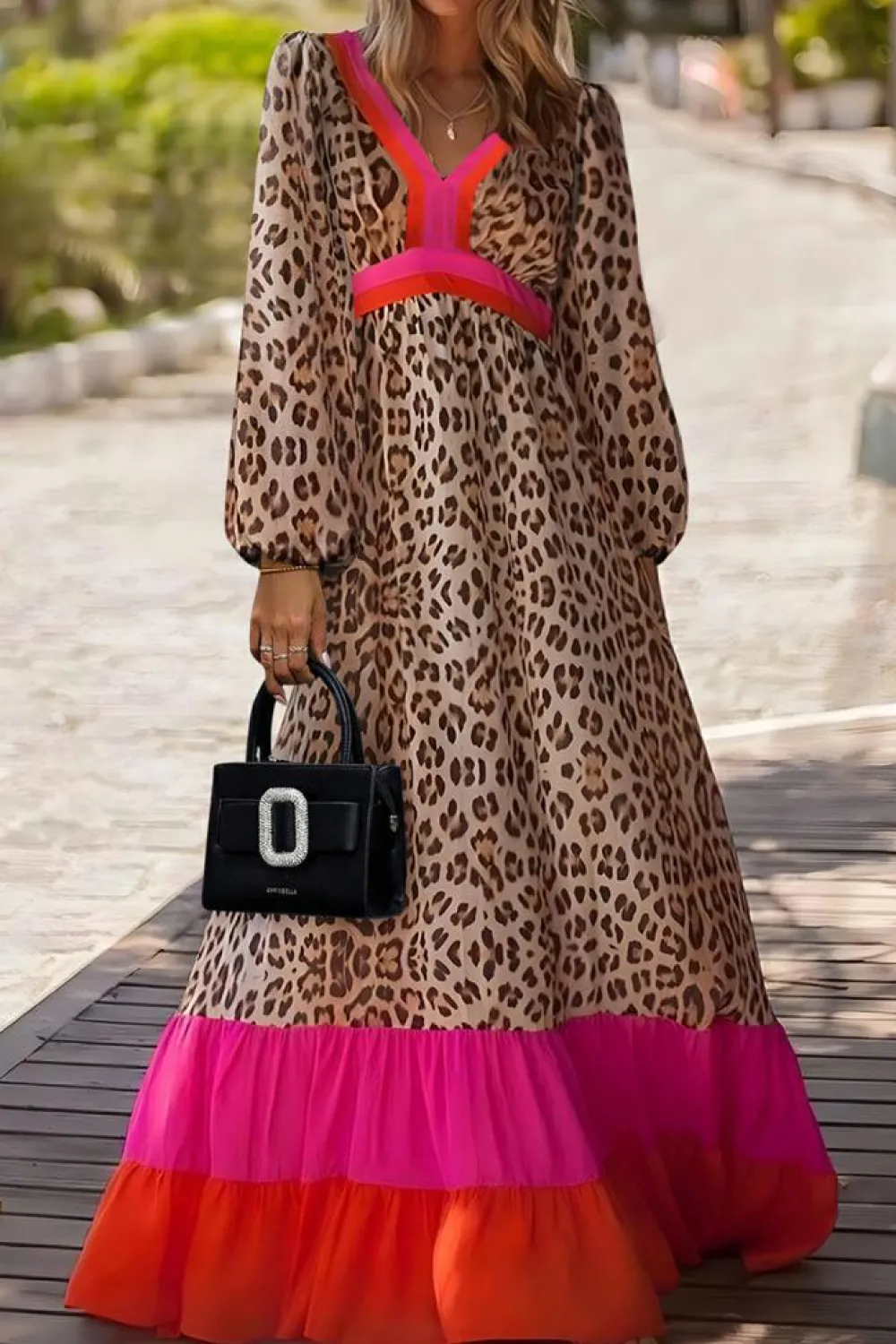 New Dear-Lover Leopard Color Block V Neck Loose Fit Maxi Dress Brown