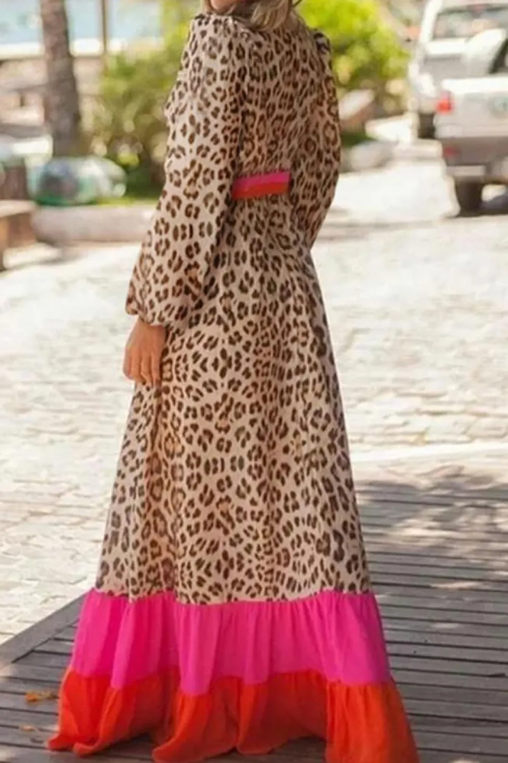 New Dear-Lover Leopard Color Block V Neck Loose Fit Maxi Dress Brown