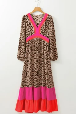 New Dear-Lover Leopard Color Block V Neck Loose Fit Maxi Dress Brown