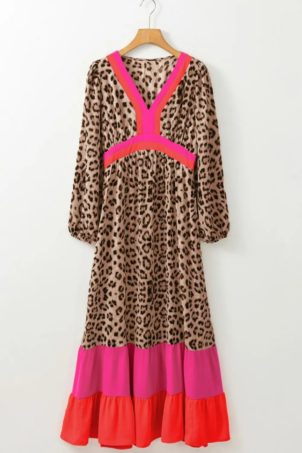 New Dear-Lover Leopard Color Block V Neck Loose Fit Maxi Dress Brown