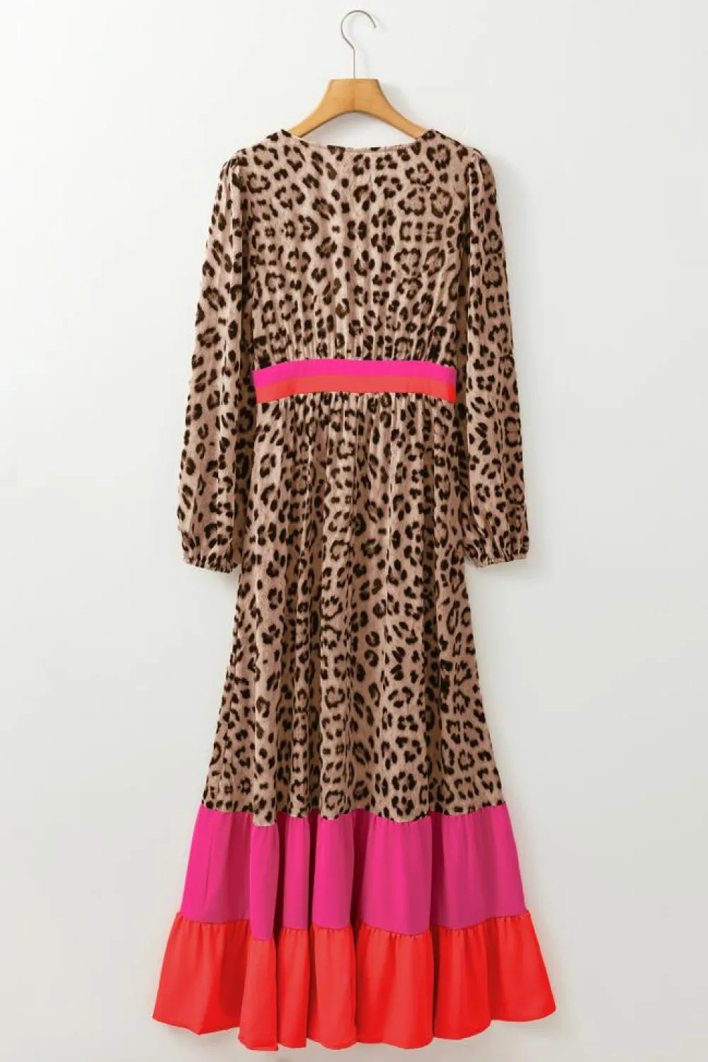 New Dear-Lover Leopard Color Block V Neck Loose Fit Maxi Dress Brown