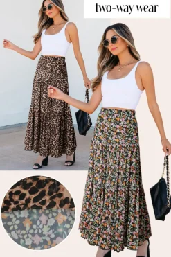 Clearance Dear-Lover Leopard Floral Reversible Ruffle Hem Maxi Skirt Brown