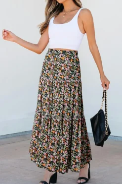 Clearance Dear-Lover Leopard Floral Reversible Ruffle Hem Maxi Skirt Brown