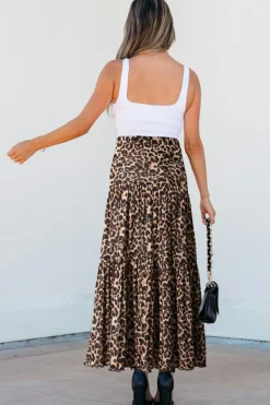 Clearance Dear-Lover Leopard Floral Reversible Ruffle Hem Maxi Skirt Brown