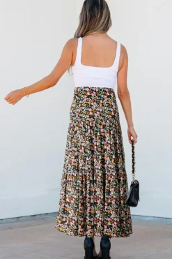 Clearance Dear-Lover Leopard Floral Reversible Ruffle Hem Maxi Skirt Brown