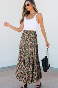 Clearance Dear-Lover Leopard Floral Reversible Ruffle Hem Maxi Skirt Brown