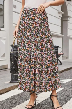 Clearance Dear-Lover Leopard Floral Reversible Ruffle Hem Maxi Skirt Brown