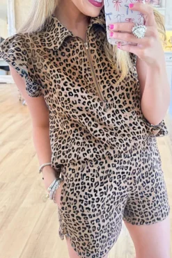 Best Dear-Lover Leopard Half Zipper Collared Ruffled Sleeve Top and Short Set Brown