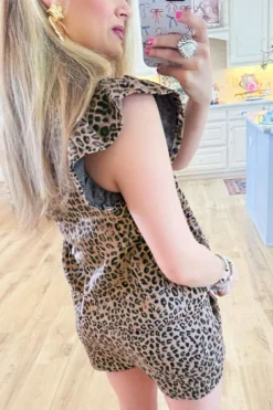 Best Dear-Lover Leopard Half Zipper Collared Ruffled Sleeve Top and Short Set Brown