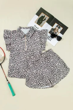 Best Dear-Lover Leopard Half Zipper Collared Ruffled Sleeve Top and Short Set Brown