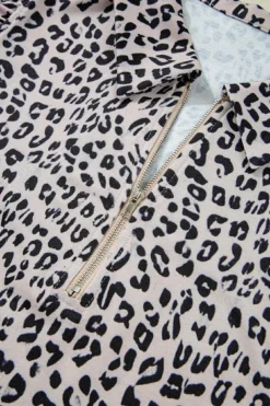 Best Dear-Lover Leopard Half Zipper Collared Ruffled Sleeve Top and Short Set Brown