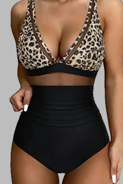 Fashion Dear-Lover Leopard Mesh Insert V Neck High Waist Monokini Brown