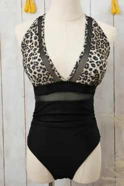 Fashion Dear-Lover Leopard Mesh Insert V Neck High Waist Monokini Brown