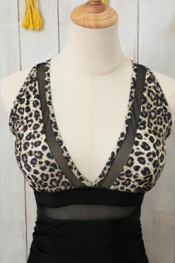 Fashion Dear-Lover Leopard Mesh Insert V Neck High Waist Monokini Brown