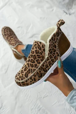 Sale Dear-Lover Leopard Print Ankle Patched Flat Winter Fur Boots Brown