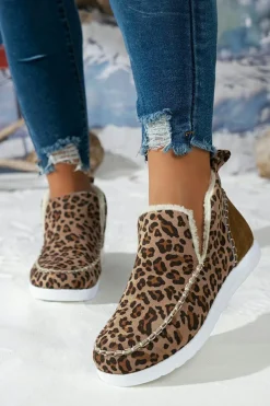 Sale Dear-Lover Leopard Print Ankle Patched Flat Winter Fur Boots Brown