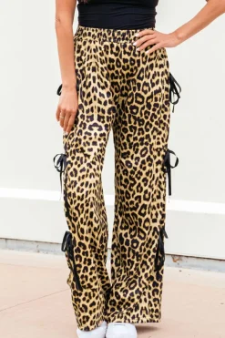 Outlet Dear-Lover Leopard Print Bow Tie Drawstring Elastic Waist Loose High Waist Pants Brown
