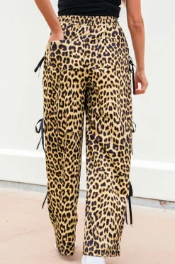 Outlet Dear-Lover Leopard Print Bow Tie Drawstring Elastic Waist Loose High Waist Pants Brown