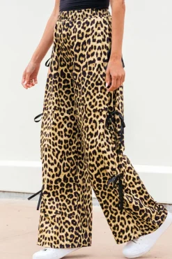 Outlet Dear-Lover Leopard Print Bow Tie Drawstring Elastic Waist Loose High Waist Pants Brown