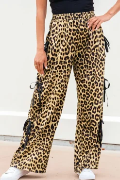 Outlet Dear-Lover Leopard Print Bow Tie Drawstring Elastic Waist Loose High Waist Pants Brown