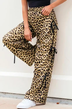 Outlet Dear-Lover Leopard Print Bow Tie Drawstring Elastic Waist Loose High Waist Pants Brown